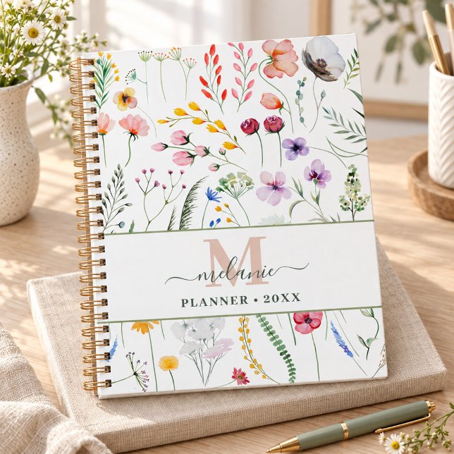 Boho Fleurs Sauvages Nom Personnalisé Monogramme (Boho Wildflowers Custom Name Monogram Planner)