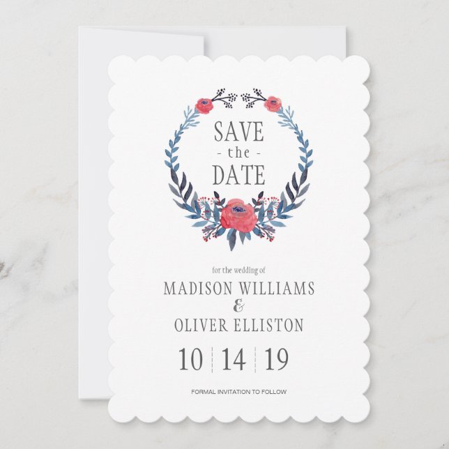 Boho Floral Aquarelle Roses rouges | Save the date (Devant)
