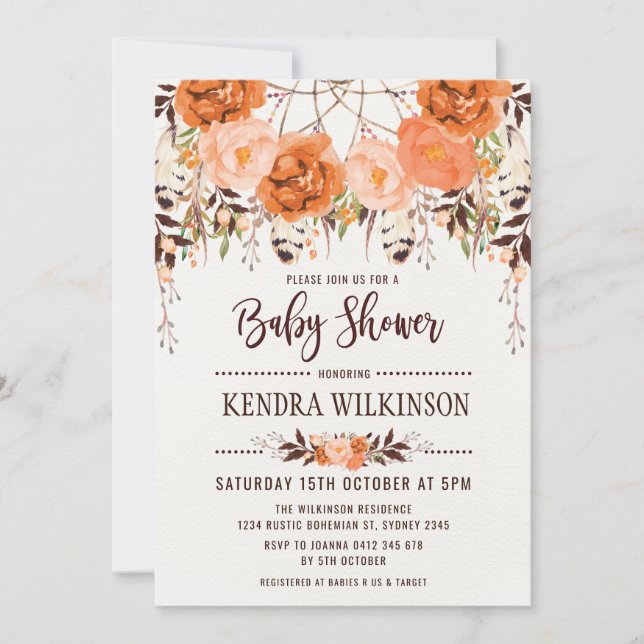 Boho Floral Automne Baby shower Invitation Rustiqu (Devant)