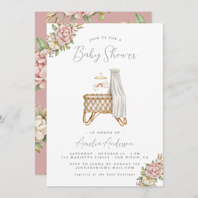 Boho Floral Baby Girl Douche Invitation (Devant / Derrière)