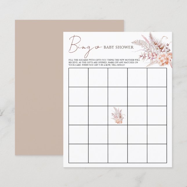 Boho Floral Baby shower Beige Jeu de Bingo (Devant / Derrière)