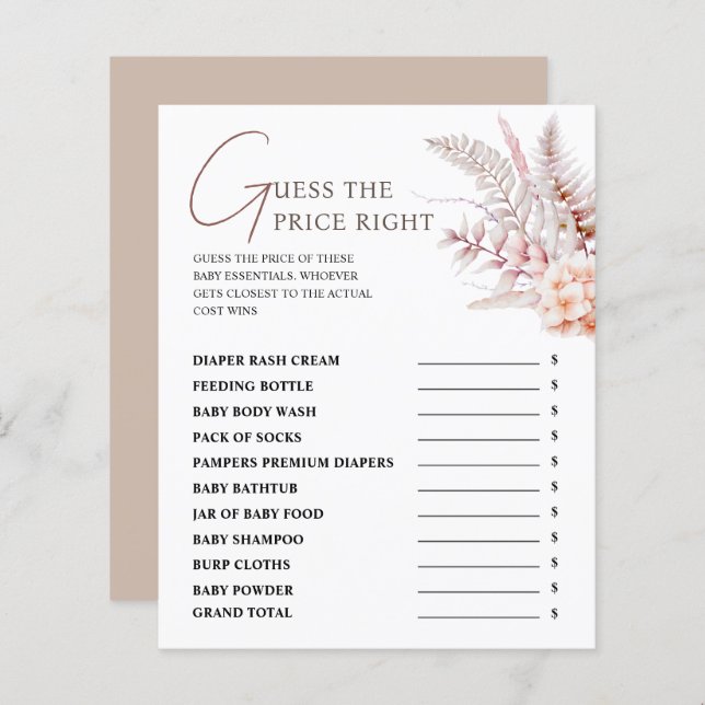 Boho Floral Baby shower Devinez Le Prix Bon Jeu (Devant / Derrière)