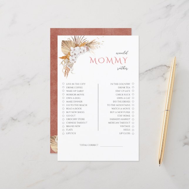 Boho Floral Baby shower Jeu Plutôt Maman (Devant/Arrière en situation)