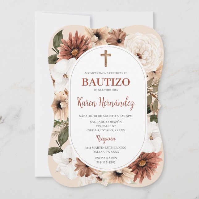 Boho Floral Baptême espagnol Invitation (Devant)