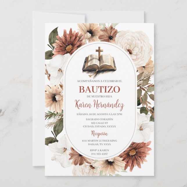 Boho Floral Baptême espagnol Invitation (Devant)