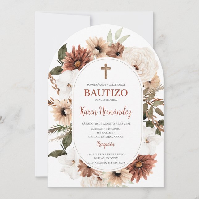 Boho Floral Baptême espagnol Invitation (Devant)