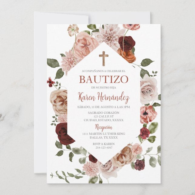 Boho Floral Baptême espagnol Invitation (Devant)