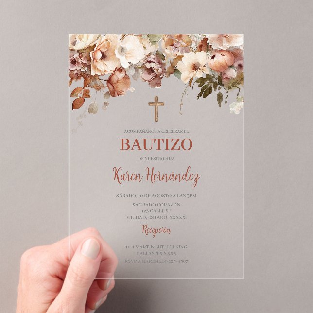 Boho Floral Baptism espagnol acrylique Invitation (In situ (ordinateur de poche))