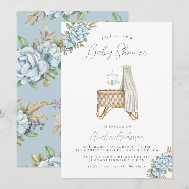 Boho Floral bébé garçon douche Invitation (Devant / Derrière)