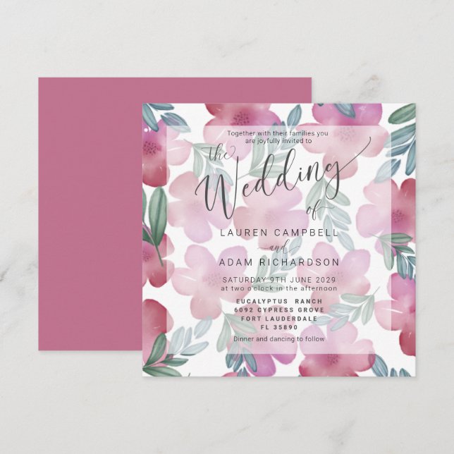 Boho Floral Blush Pink Aquarelle Mariage Inviter (Devant / Derrière)