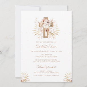 Boho Floral Bois Croix Baptême Invitation