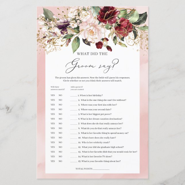 Boho floral bordeaux Ce que le marié a dit Jeu (Devant)