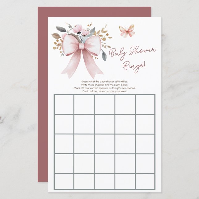 Boho Floral Bow Girl Baby shower Bingo (Devant / Derrière)