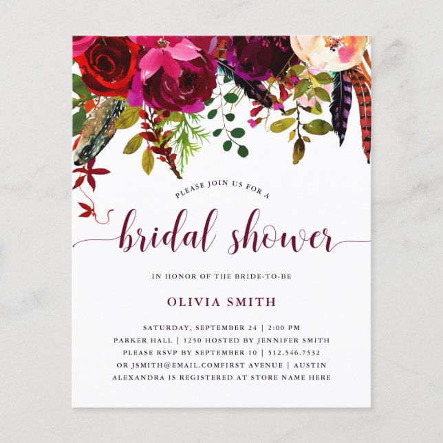 Boho Floral | BUDGET Invitation à la douche nuptia (Devant)