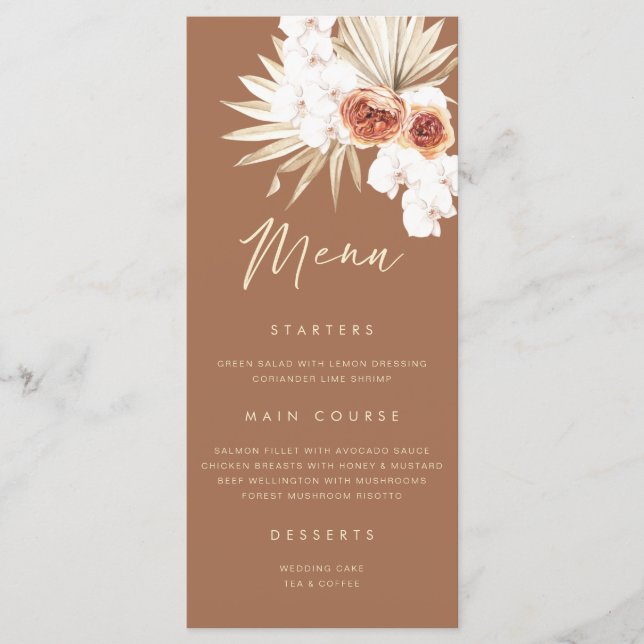 Boho Floral Burnt Orange Menu Mariage (Devant)
