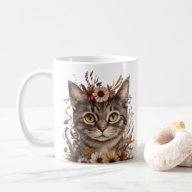 Boho Floral Chat Face Mug - Stylish & Whimsical (Avec donut)