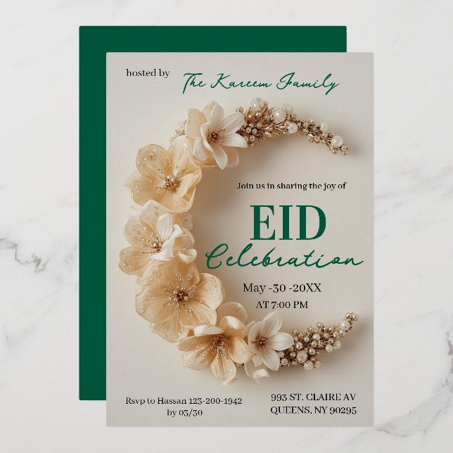 Boho Floral Crescent Eid Party Invitation  (Recto/Verso)