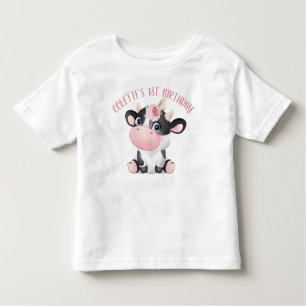 Boho Floral Cute Cow First Birthday Baby T-shirt