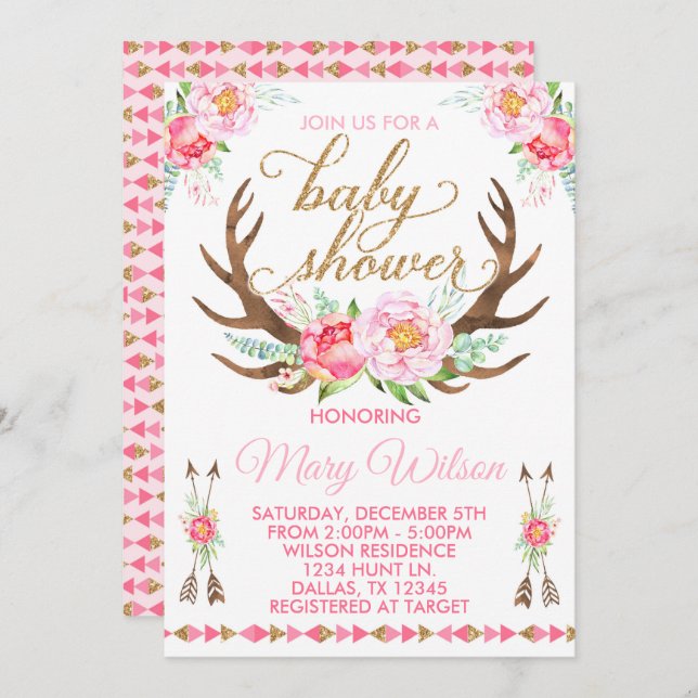 Boho Floral Deer Antler Baby shower Invitation (Devant / Derrière)