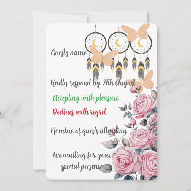 Boho Floral Dreamcatcher Wedding Carte RSVP (Devant)