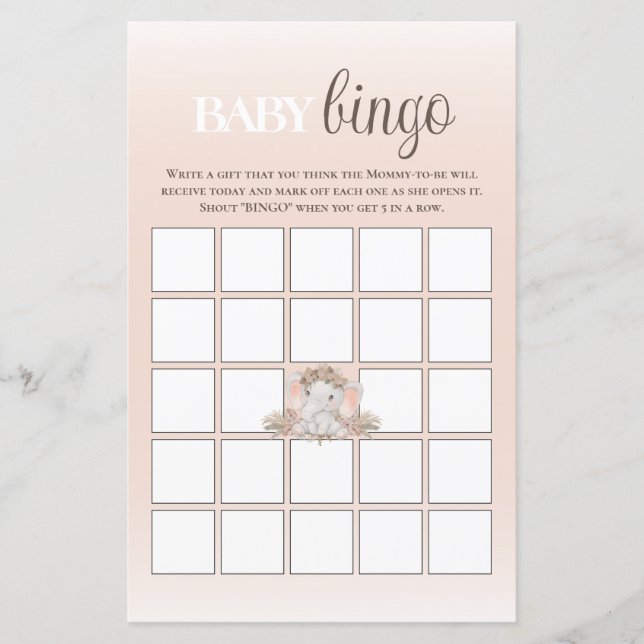 Boho Floral Elephant Baby Bingo Baby shower Jeu (Devant)