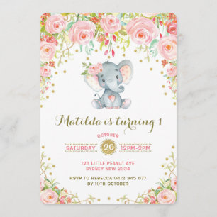 Boho Floral Elephant Invitation Or rose Anniversai