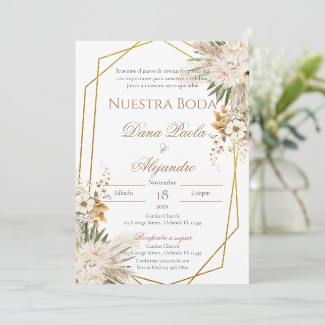 Boho Floral faire-part de mariage en espagnol (Debout devant)