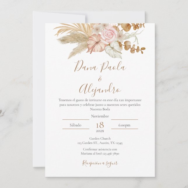 Boho Floral faire-part de mariage en espagnol (Devant)