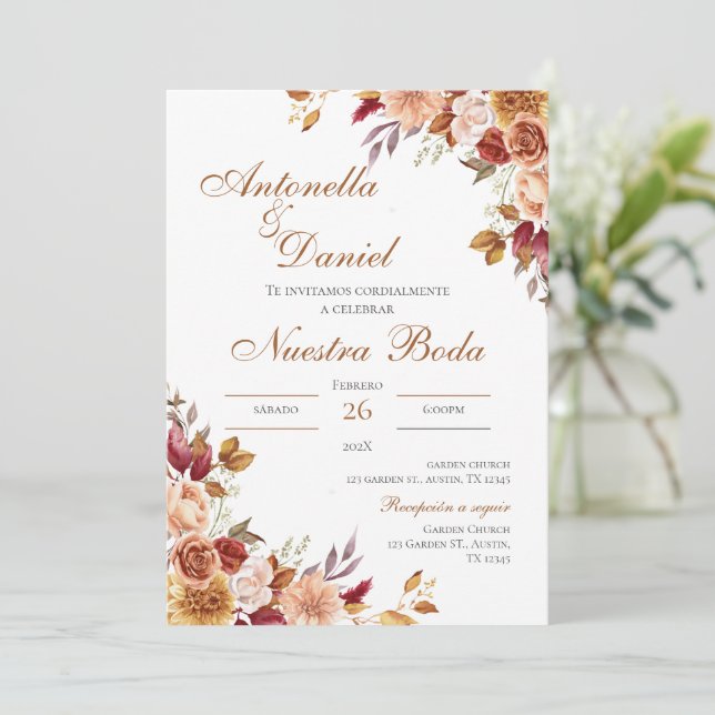 Boho Floral Faire-part de mariage en espagnol (Debout devant)