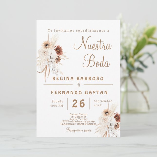 Boho Floral Faire-part de mariage espagnol (Debout devant)