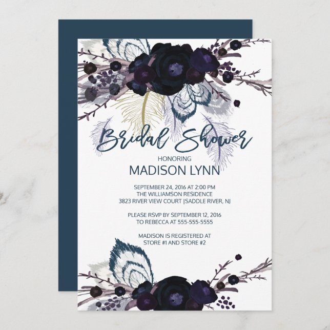 Boho Floral Feather nuptiale Douche Invitation (Devant / Derrière)