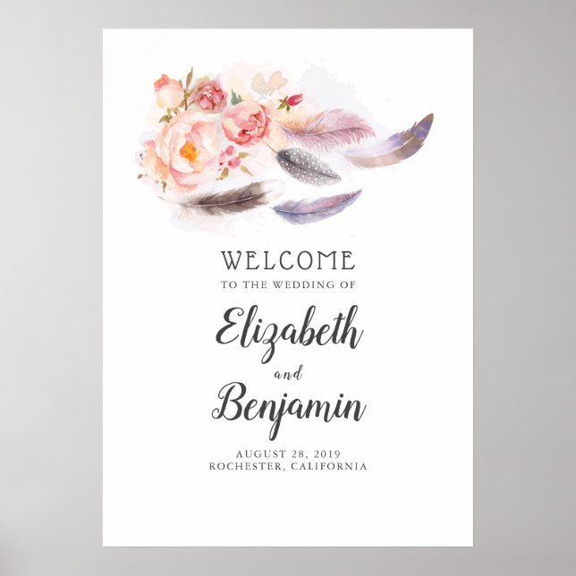 Boho Floral Feathers Mariage Affiche de bienvenue (Devant)