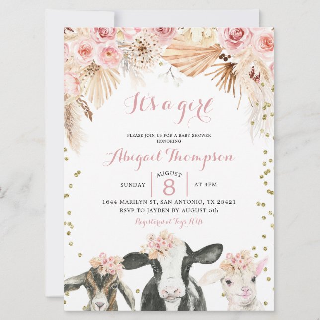 Boho floral ferme fille baby shower invitation (Devant)