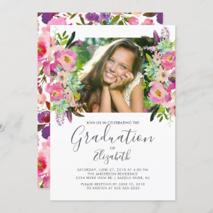 Boho Floral Frame Photo Graduation Invitation