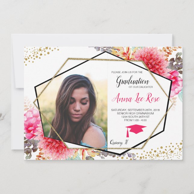 Boho Floral Geometrique Gold Graduation Invitation (Devant)