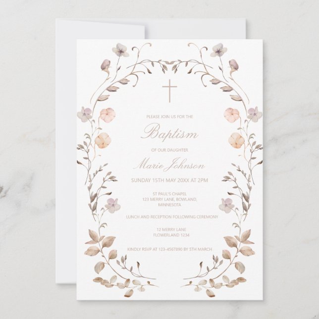 Boho floral girl Baptism invitation template (Devant)