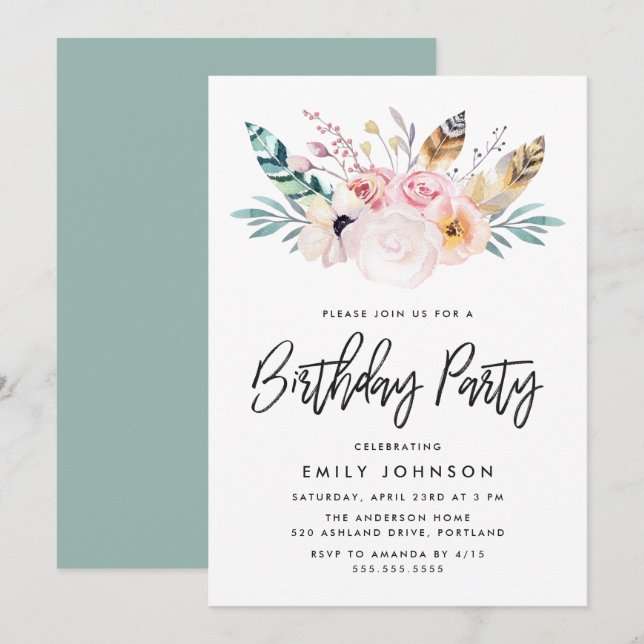 Boho Floral | Invitation d'anniversaire (Devant / Derrière)
