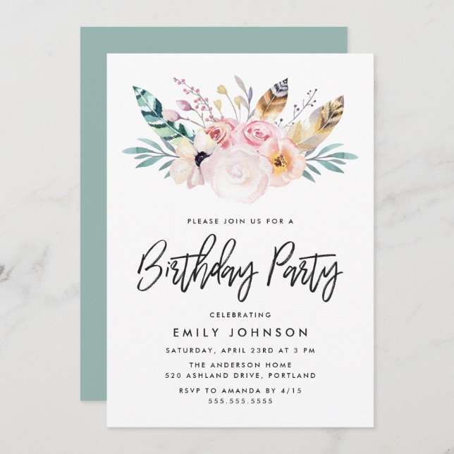 Boho Floral | Invitation de fête d'anniversaire (Devant / Derrière)