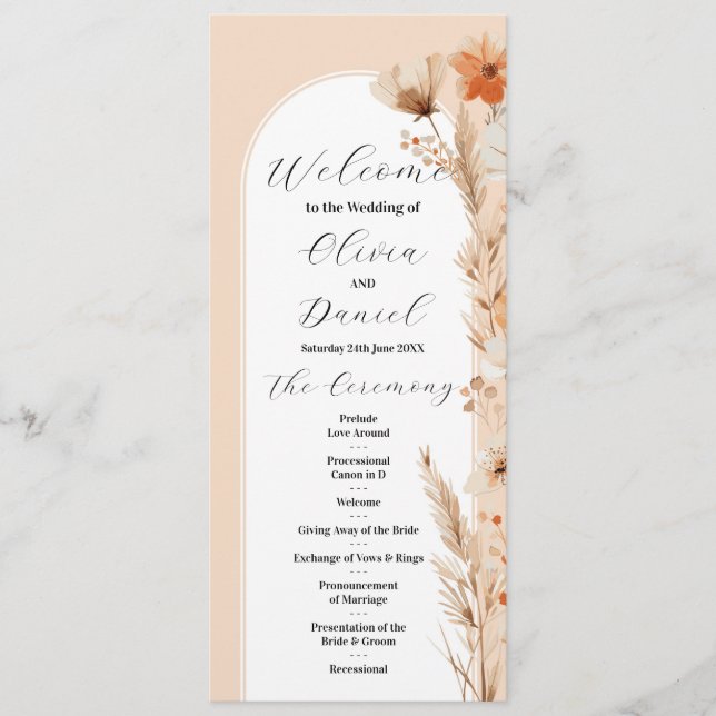 Boho Floral Mariage Menu Détails de la cérémonie (Devant)