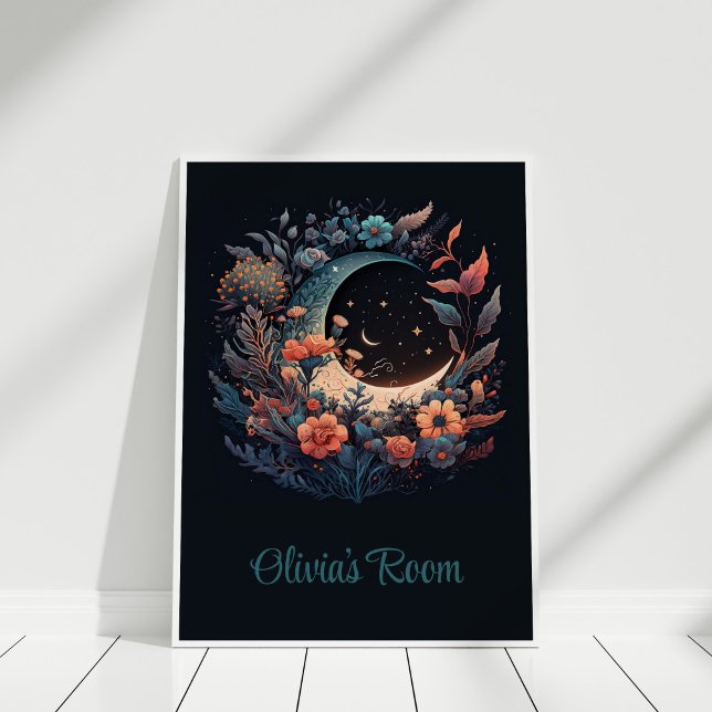 Boho Floral Moon avec nom personnalisé Poster (Boho Floral Moon with Custom Name Poster in a white frame.)
