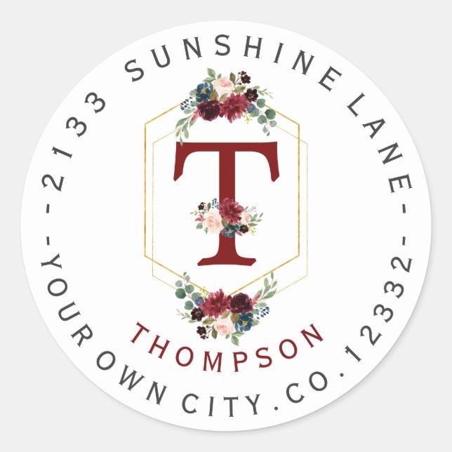 Boho Floral or Monogramme Étiquette de adresse cir (Devant)