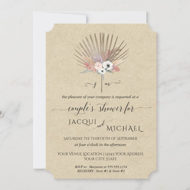 BOHO Floral Pampas Grass Couples Douche Invitation (Devant)