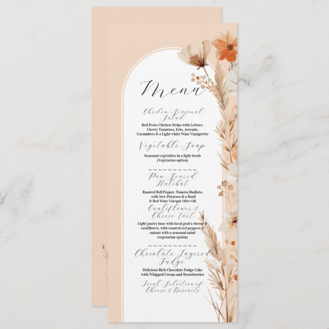 Boho Floral Peach Bohemian Flowers Menu Mariage (Devant / Derrière)