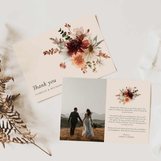 Boho Floral Photo Mariage Carte de remerciements (Burgundy Floral Boho Wedding Thank you Card)
