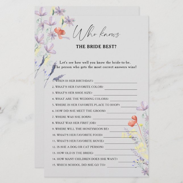 Boho Floral Qui connaît la mariée meilleur jeu (Devant / Derrière)