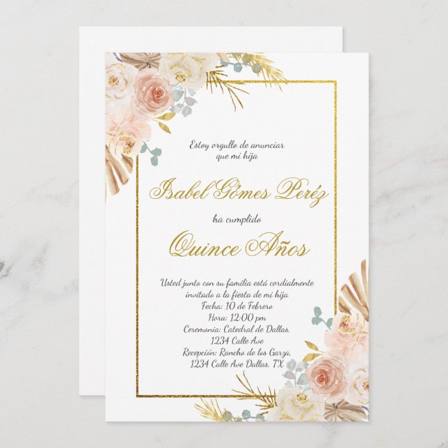 Boho floral Quince invitation en espagnol (Devant / Derrière)