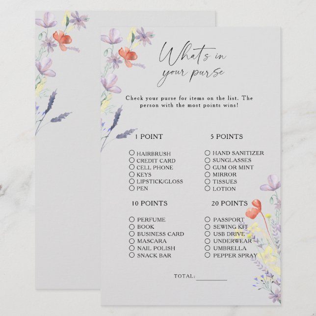 Boho Floral qu'y a-t-il dans votre sac jeu (Devant / Derrière)