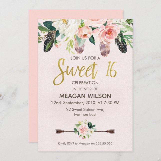 Boho floral rose 16e anniversaire Invitation (Devant / Derrière)