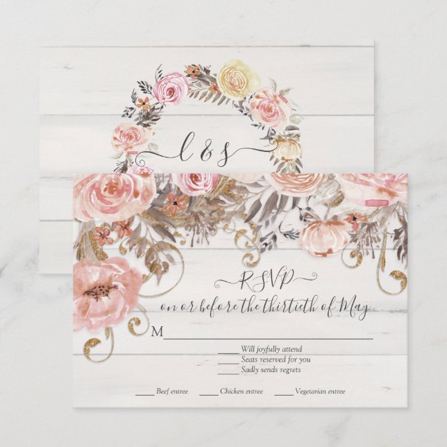 Boho Floral Rose Rose Rustique Bois Réponse RSVP (Devant / Derrière)