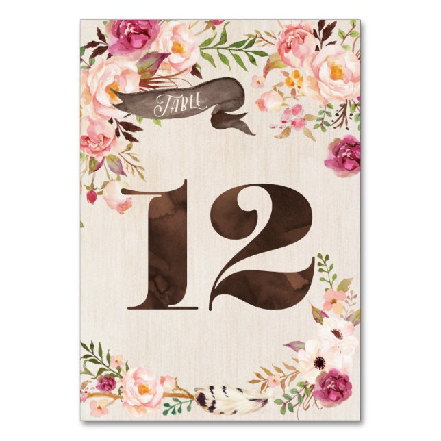 Boho Floral Rustic Mariage Numéro de tableau Carte (Par défaut)